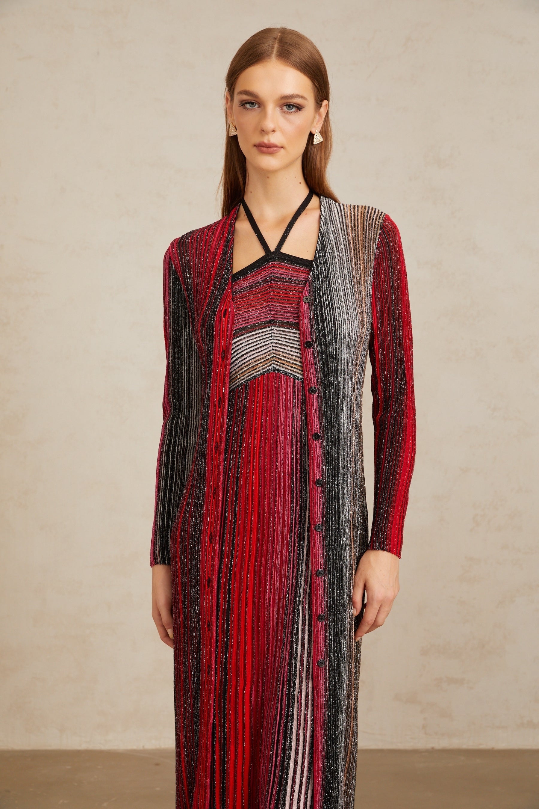 Ulysse Red Metallic Knit Long Cardigan