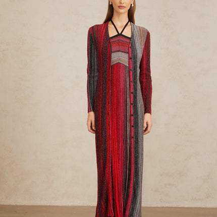 Ulysse Red Metallic Knit Long Cardigan for women