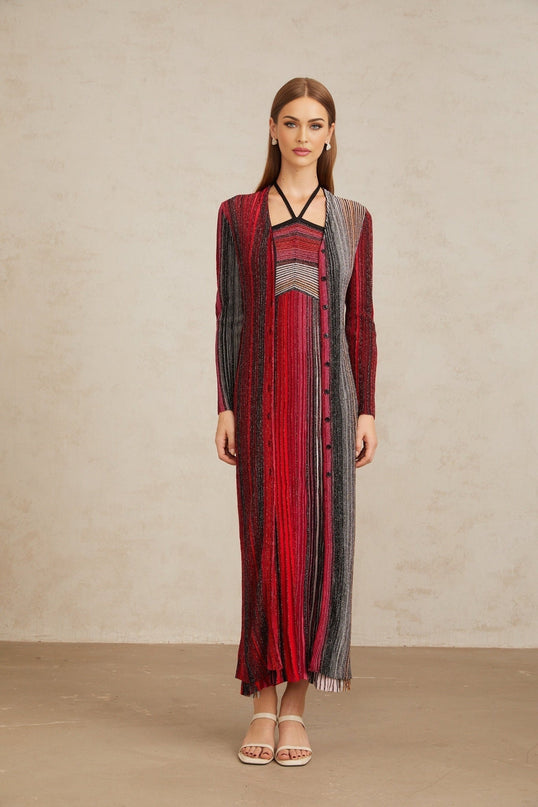 Ulysse Red Metallic Knit Long Cardigan for women