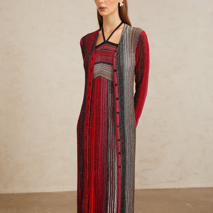 Ulysse Red Metallic Knit Long Cardigan