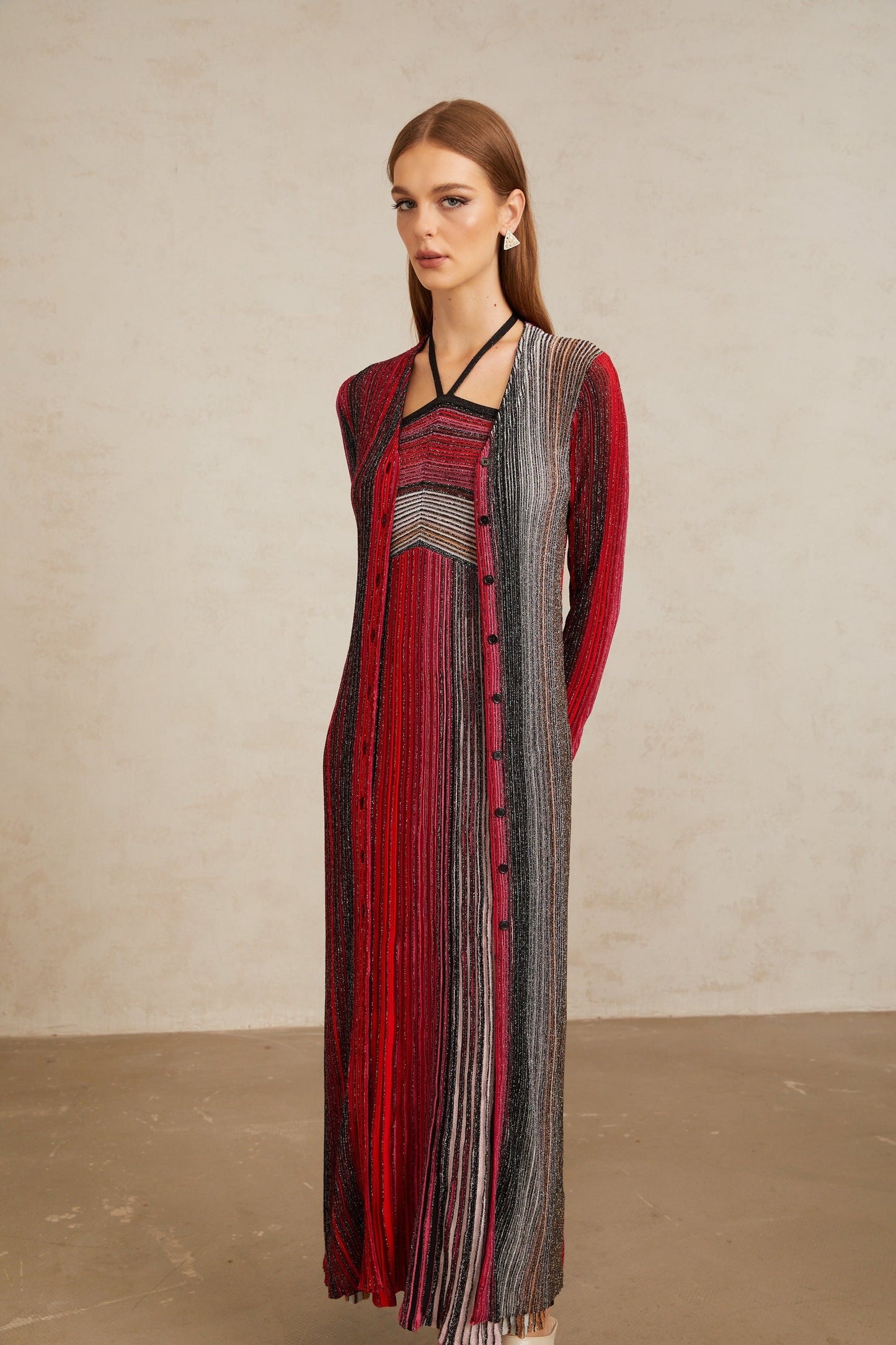 Ulysse Red Metallic Knit Long Cardigan