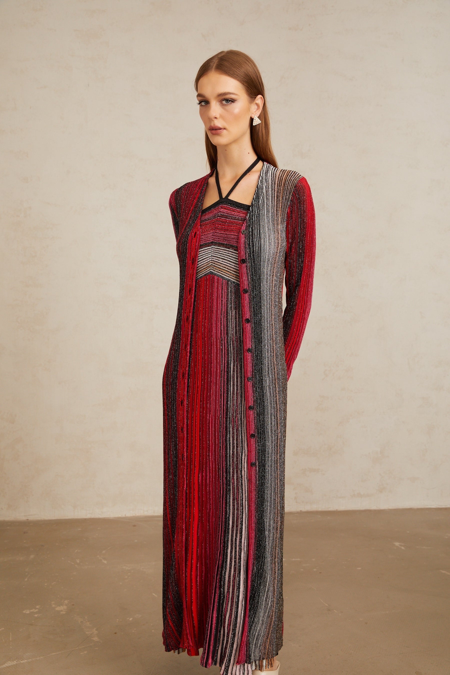 Ulysse Red Metallic Knit Long Cardigan