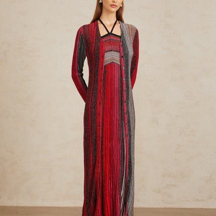 Ulysse Red Metallic Knit Long Cardigan sequin embellishments pleated detailing V-neck long sleeves fitted waistline front button fastening maxi length Rayon Metallic fiber Polyamide Terylene fiber Elastane luxury