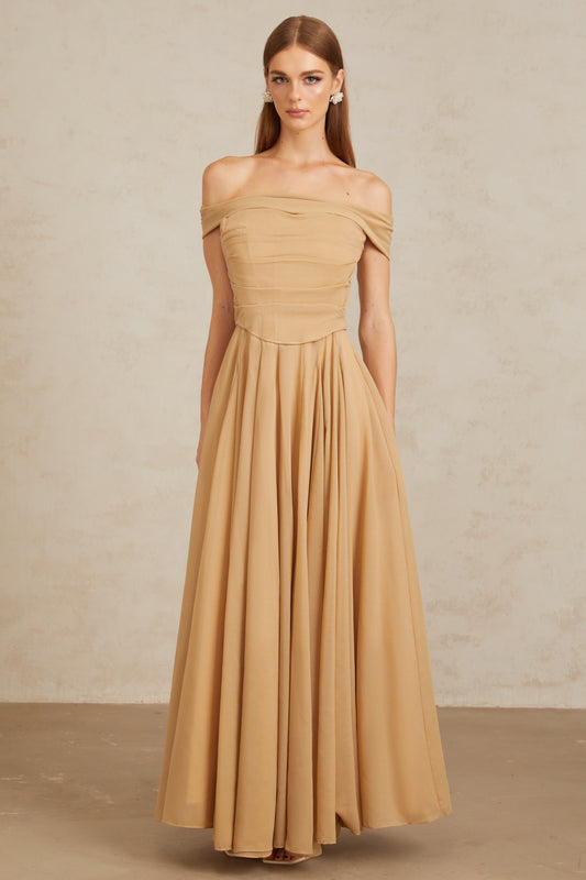 Urbaine Khaki Ruched Tulle Maxi Dress