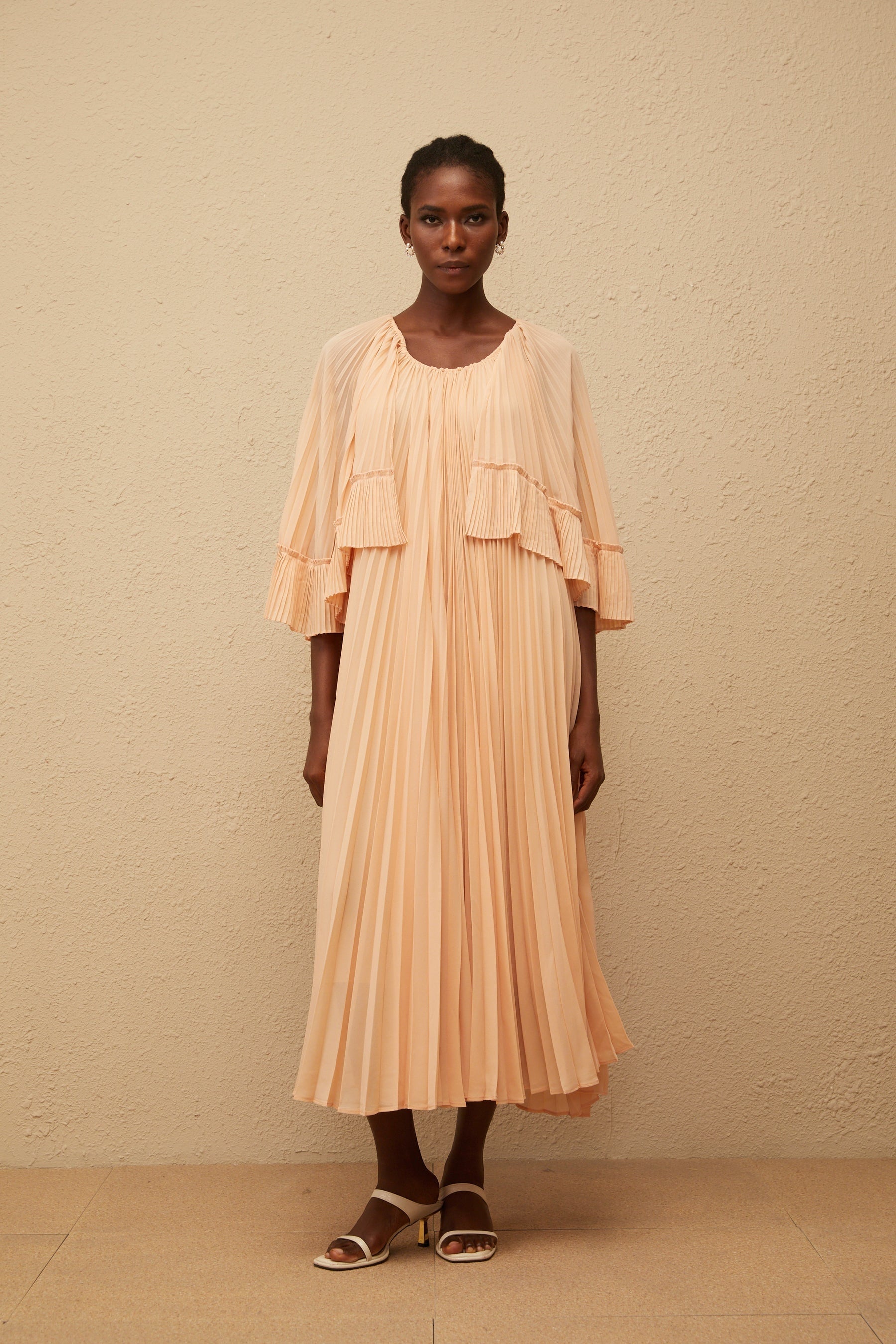 Urbaine Pink Cape Design Pleated Chiffon Midi Dress