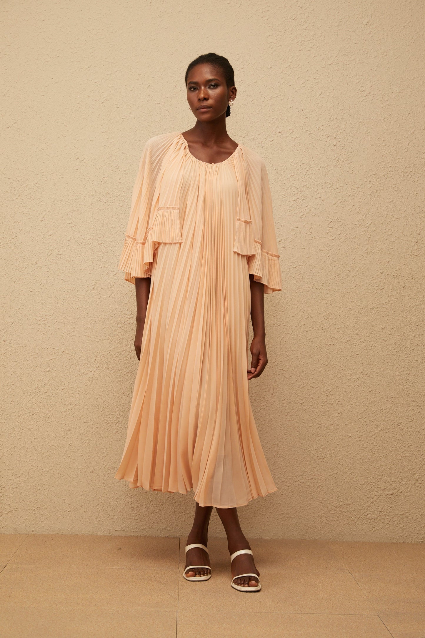 Urbaine Pink Cape Design Pleated Chiffon Midi Dress