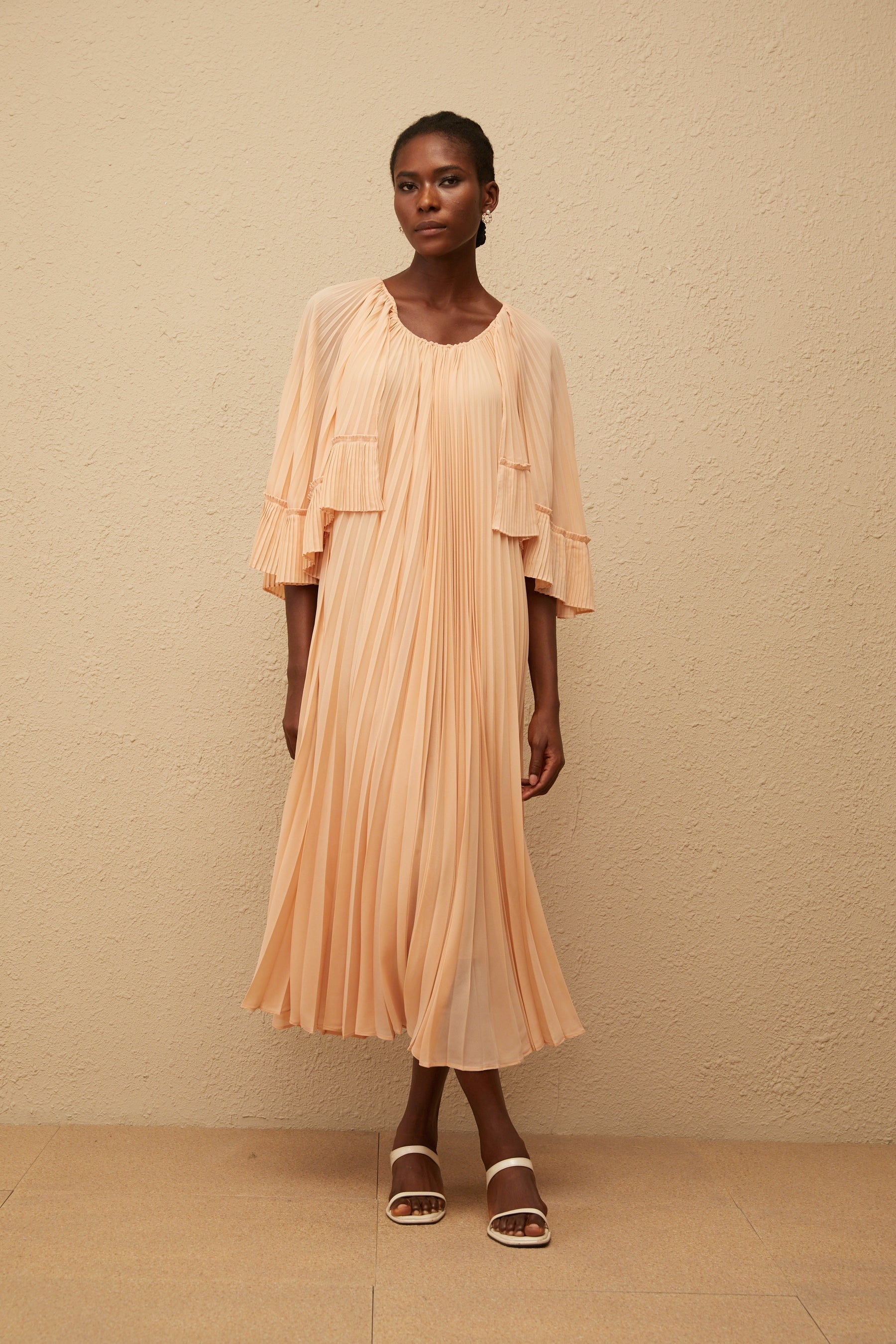 Urbaine Pink Cape Design Pleated Chiffon Midi Dress