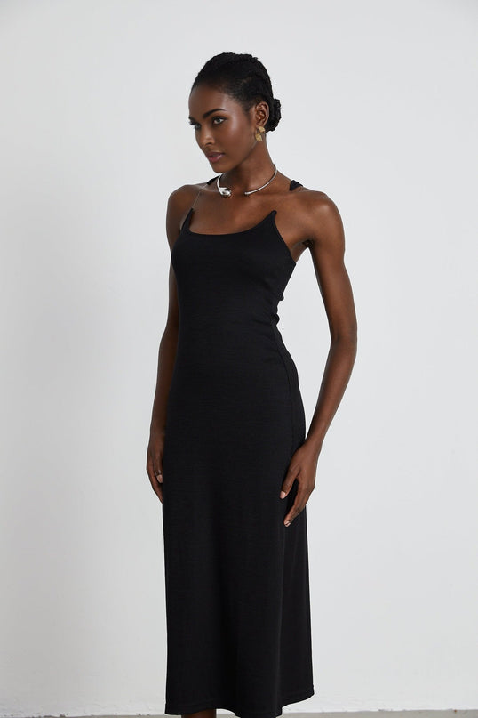 Ursula Black Cotton Maxi Dress with Transparent Straps