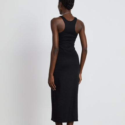 Ursula Black Maxi Dress with Transparent Straps and Low-Cut Design in Luxurious Knit Fabric
