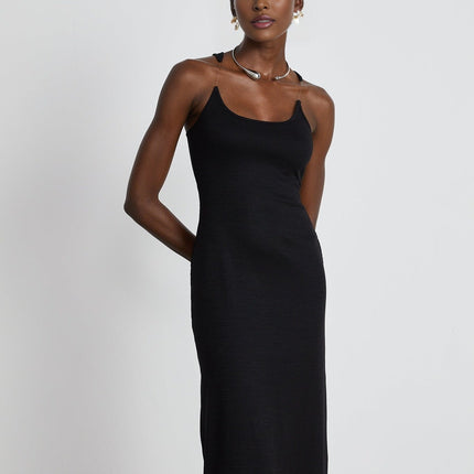 Ursula Black Maxi Dress with Transparent Straps and Low-Cut Design in Luxurious Stretch-Jersey Knit of 100% Cotton for Special Occasions