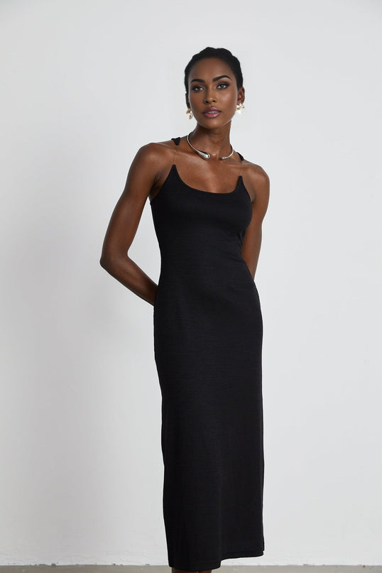 Ursula Black Maxi Dress with Transparent Straps and Low-Cut Design in Luxurious Stretch-Jersey Knit of 100% Cotton for Special Occasions