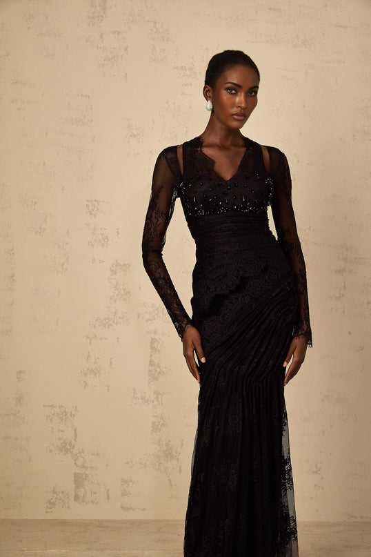Ursula black maxi dress with floral lace pattern in mermaid silhouette