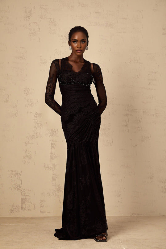 Ursula black mermaid style maxi dress with floral lace pattern floor length form fitting silhouette