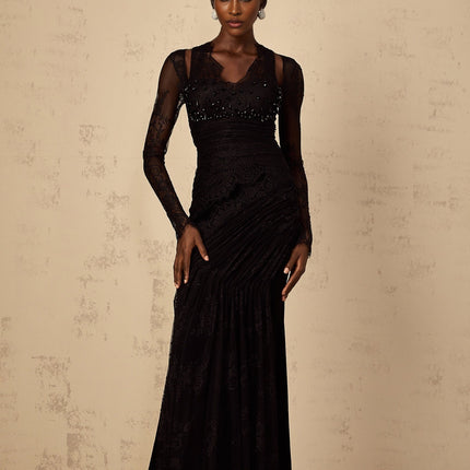 Ursula black mermaid style maxi dress with floral lace pattern full length view on model