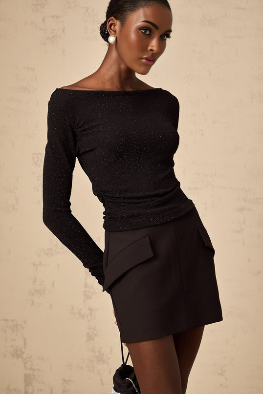Ursula Black Sequin Embellished Skirt Top Set