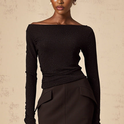 Ursula Black Sequin Top and Skirt Set in Luxurious Terylene Fiber