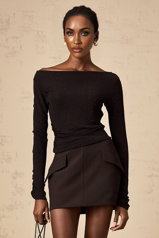Ursula Black Sequin Top and Skirt Set in Luxurious Terylene Fiber