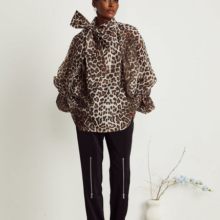 Ursula Brown Leopard Print Blouse with Oversize Sleeves and Attached Scarf