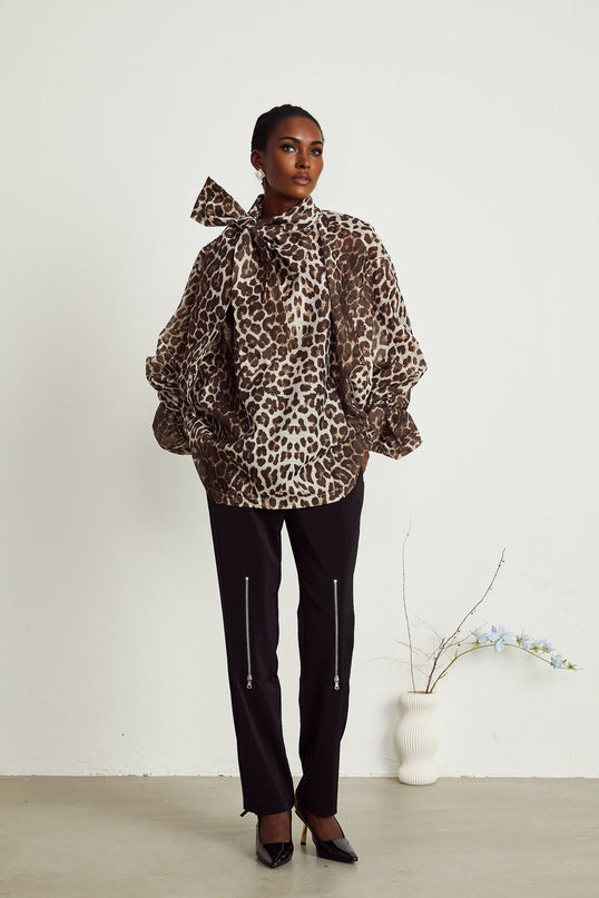 Ursula Brown Leopard Print Blouse with Oversize Sleeves and Attached Scarf