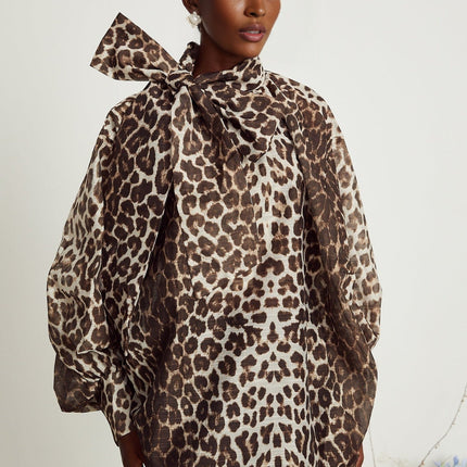 Ursula Brown Leopard Print Blouse with Oversize Sleeves and Attached Scarf