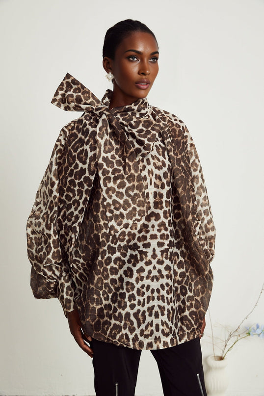 Ursula Brown Leopard Print Blouse with Oversize Sleeves and Attached Scarf