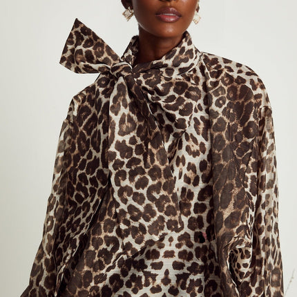 Ursula Brown Leopard Print Blouse with Oversize Sleeves and Attached Scarf
