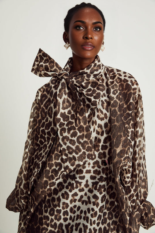 Ursula Brown Leopard Print Blouse with Oversize Sleeves and Attached Scarf