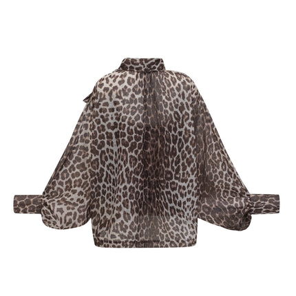 Ursula Brown Leopard Print Blouse with Oversize Sleeves and Attached Scarf