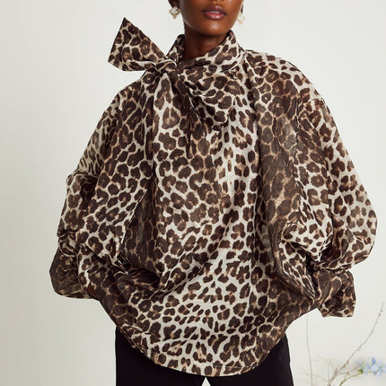 Ursula Brown Leopard Print Blouse with Oversize Sleeves and Attached Scarf