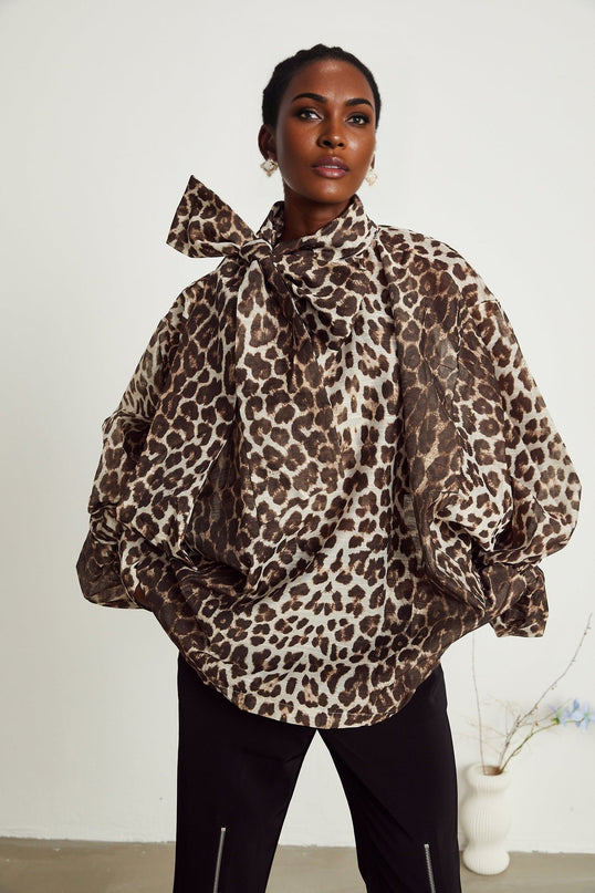 Ursula Brown Leopard Print Blouse with Oversize Sleeves and Attached Scarf