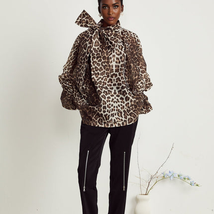 Ursula Brown Leopard Print Blouse with Oversize Sleeves and Attached Scarf in Luxurious Linen Blend