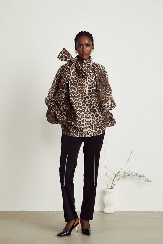 Ursula Brown Leopard Print Blouse with Oversize Sleeves and Attached Scarf in Luxurious Linen Blend