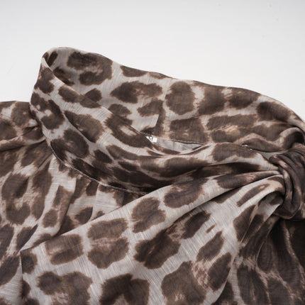 Ursula Brown Leopard Print Blouse with Oversize Sleeves and Attached Scarf
