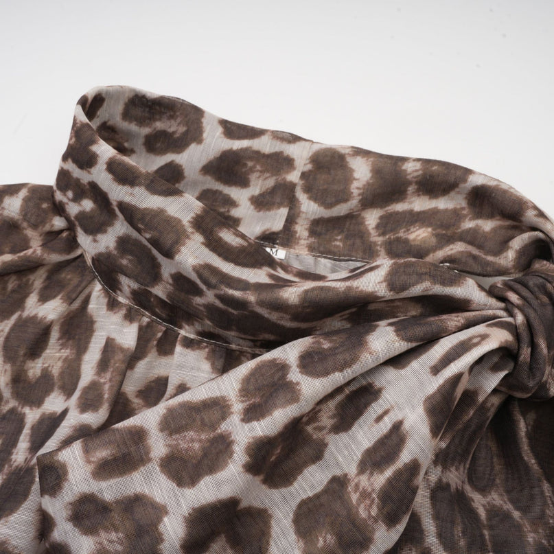 Ursula Brown Leopard Print Blouse with Oversize Sleeves and Attached Scarf