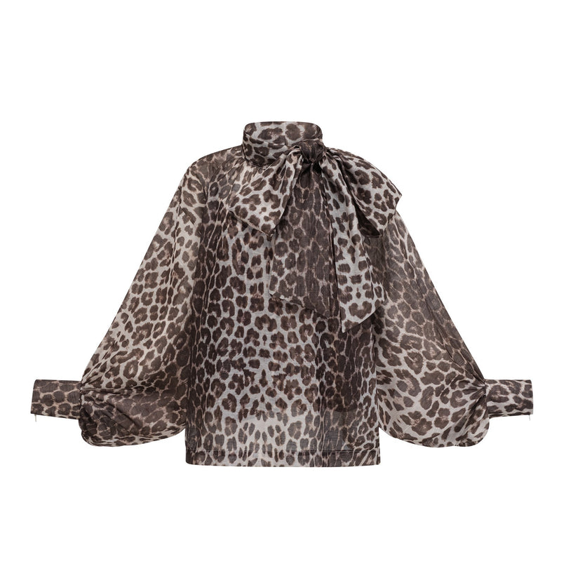 Ursula Brown Leopard Print Linen Blouse with Oversize Sleeves and Attached Scarf