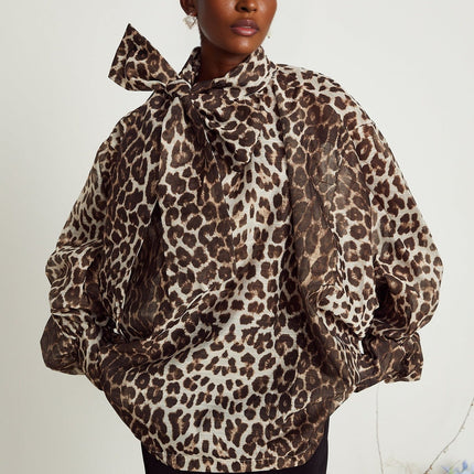 Ursula Brown Leopard Print Linen Blouse with Oversize Sleeves and Attached Scarf