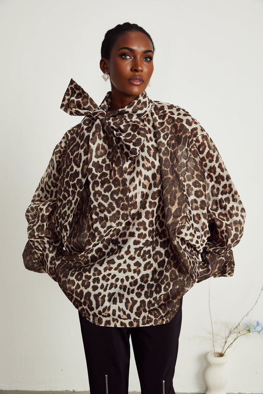 Ursula Brown Leopard Print Linen Blouse with Oversize Sleeves and Attached Scarf