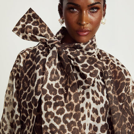 Ursula Brown Leopard Print Linen Blouse with Oversize Sleeves and Scarf