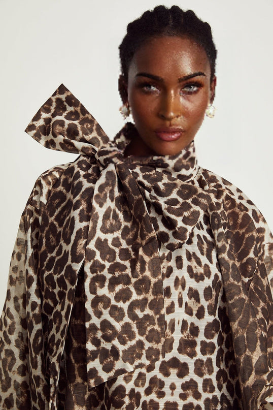 Ursula Brown Leopard Print Linen Blouse with Oversize Sleeves and Scarf