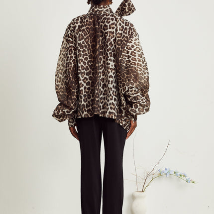 Ursula Brown Leopard Print Linen Blouse with Oversize Sleeves and Attached Scarf