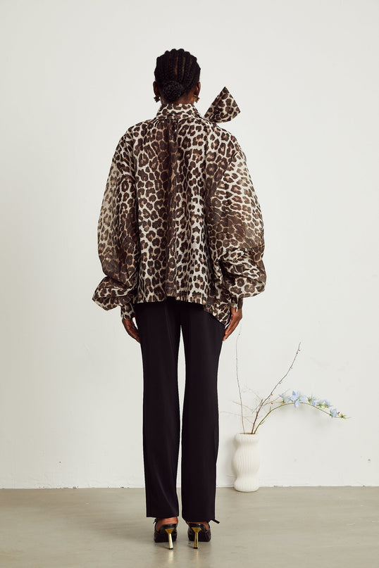 Ursula Brown Leopard Print Linen Blouse with Oversize Sleeves and Attached Scarf