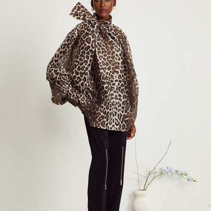 Ursula Brown Leopard Print Linen Blouse with Oversize Sleeves and Attached Scarf