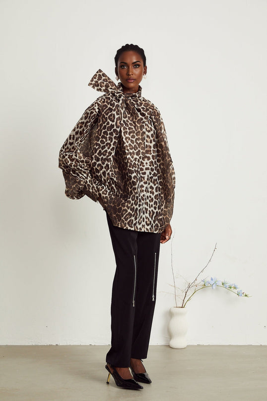 Ursula Brown Leopard Print Linen Blouse with Oversize Sleeves and Attached Scarf