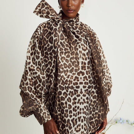 Ursula Brown Leopard Print Linen Blouse with Oversize Sleeves and Attached Scarf