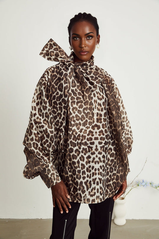 Ursula Brown Leopard Print Linen Blouse with Oversize Sleeves and Attached Scarf