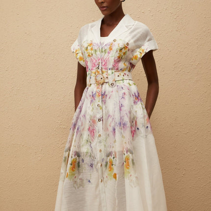 Ursula White Floral Midi Dress with Peak Lapels and Cap Sleeves