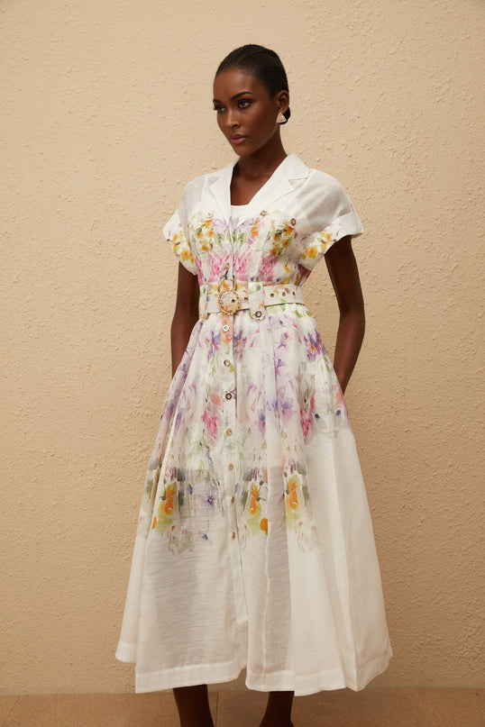 Ursula White Floral Midi Dress with Peak Lapels and Cap Sleeves