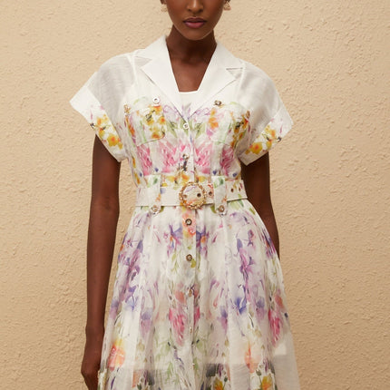 Ursula White Floral Midi Dress with Peak Lapels and Cap Sleeves