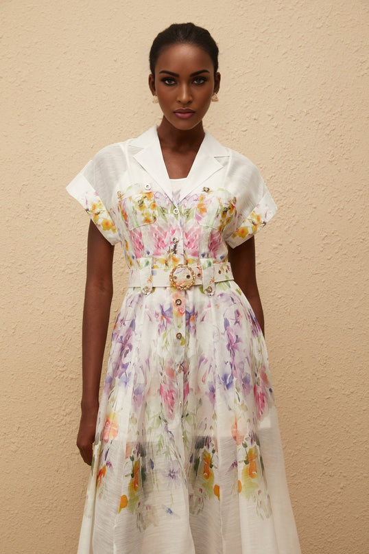 Ursula White Floral Midi Dress with Peak Lapels and Cap Sleeves