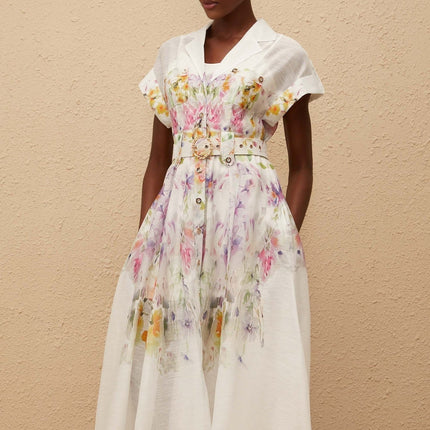 Ursula White Floral Print Midi Dress with Peak Lapels and Belted Waist